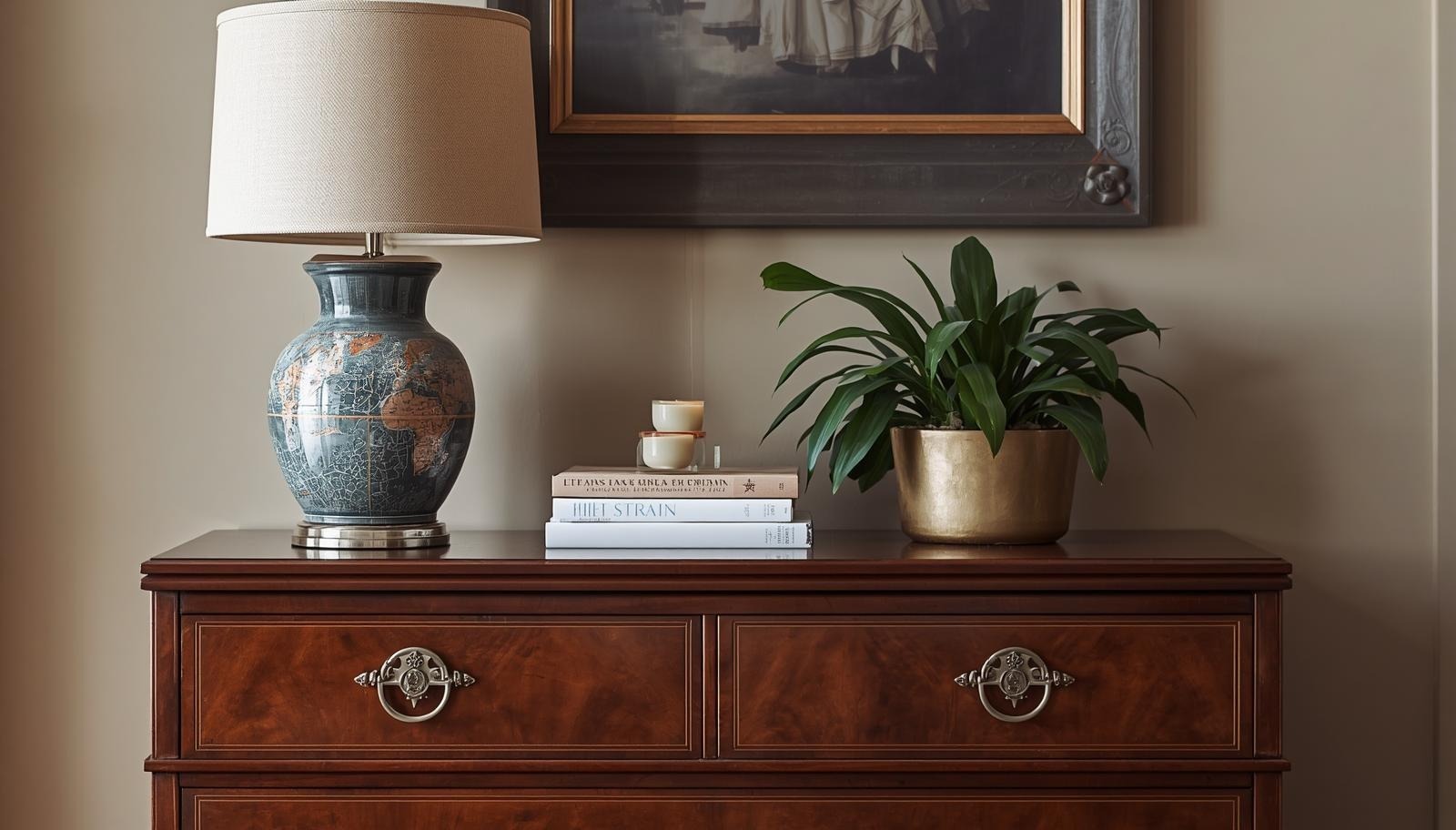 Mahogany dresser styled as a statement piece with brass hardware