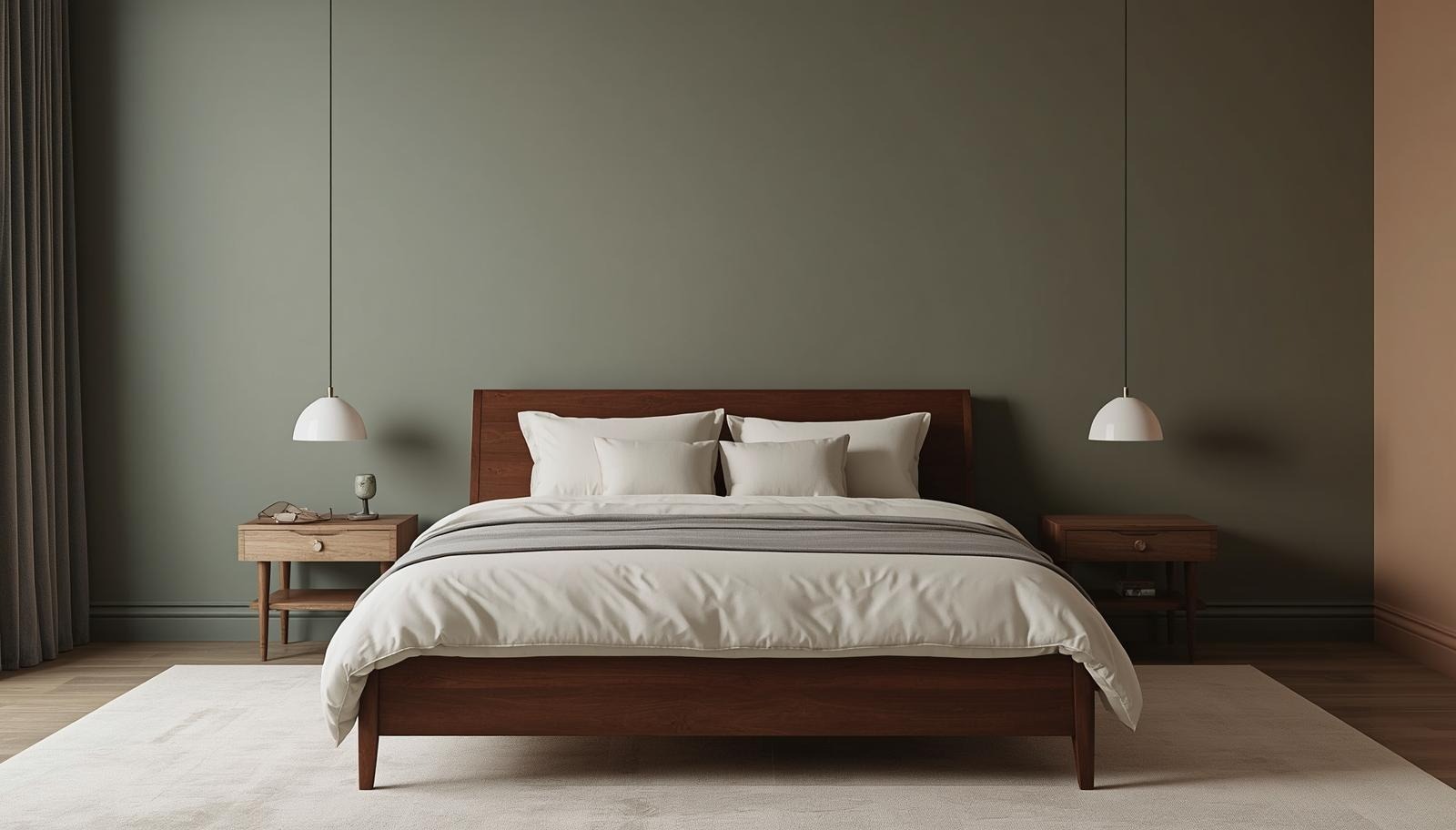 Mahogany bed and bedroom furniture against a soft sage green wall