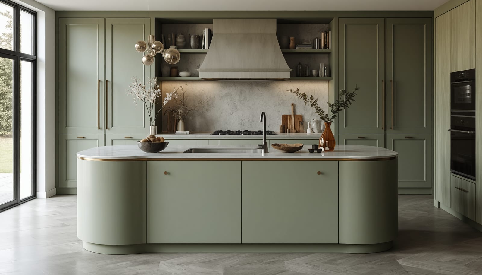 Kitchen island with a curved rounded cabinet end in muted green