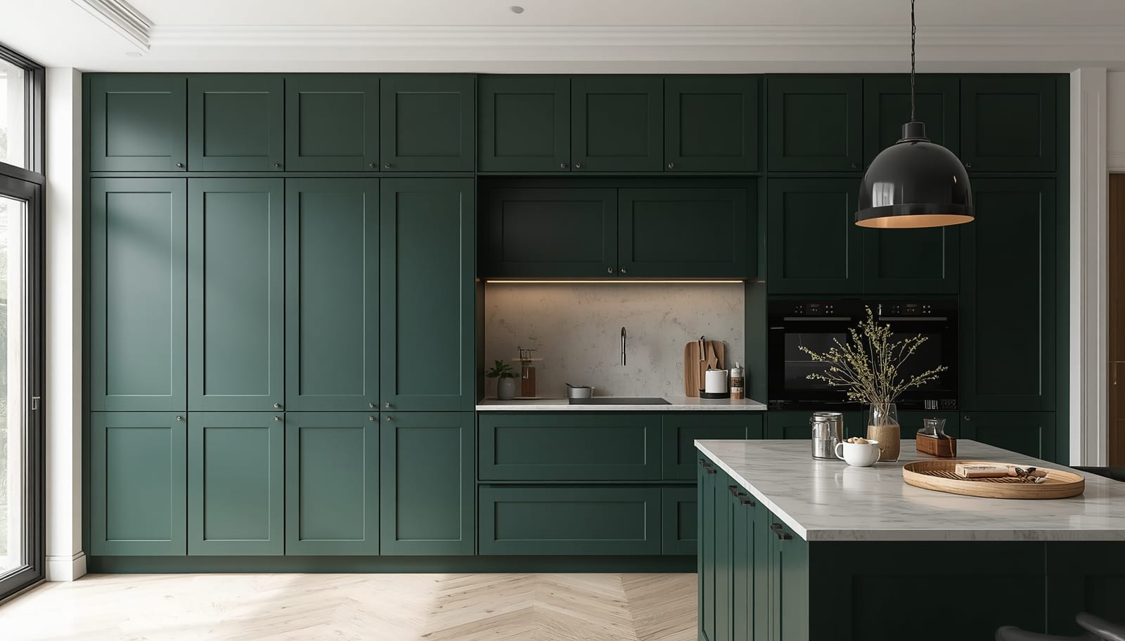 Floor-to-ceiling kitchen cabinet wall in deep green with hidden storage