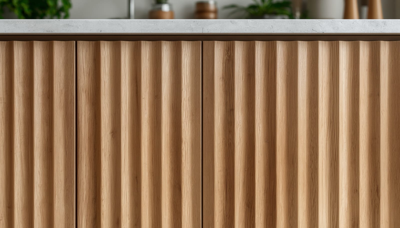 Fluted oak kitchen island front with vertical reeded detailing