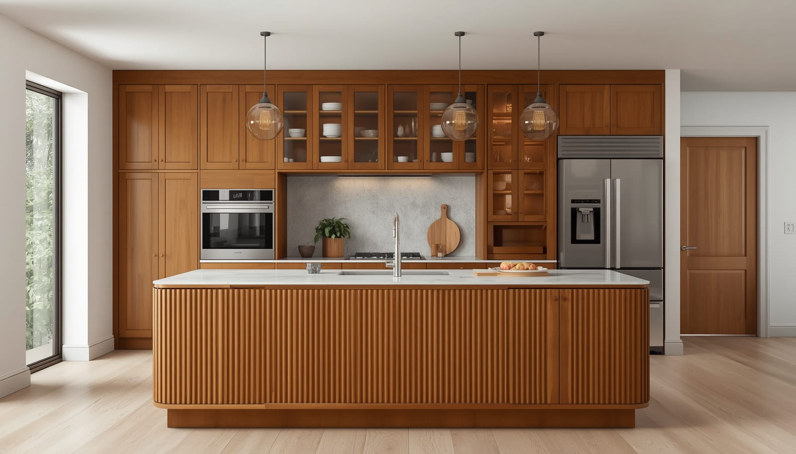 Unique kitchen with warm walnut cabinets and a contrasting island