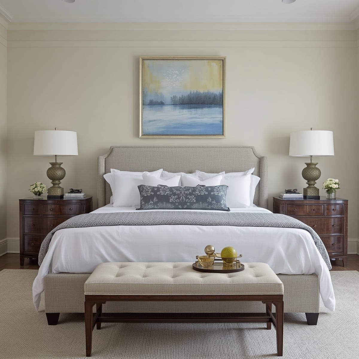 King bed balanced by symmetrical lamps, wall art and a foot bench