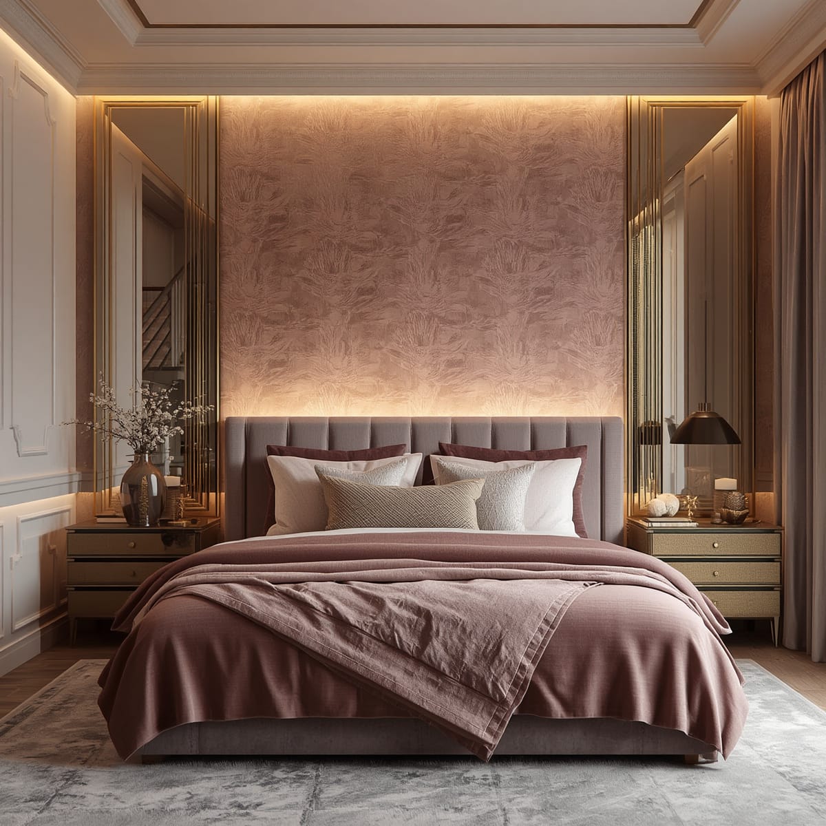 Bedroom with subtle pink-toned patterned wallpaper behind the bed