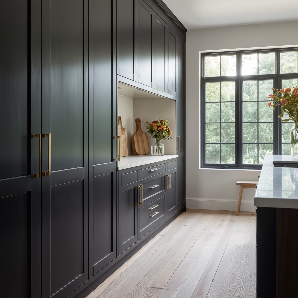 Black cabinets with white oak floor and brass handles for a warm look