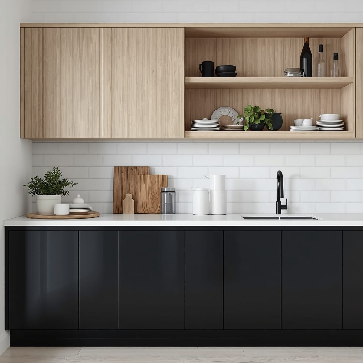 Black lower cabinets paired with light wood upper cabinets in a two-tone kitchen