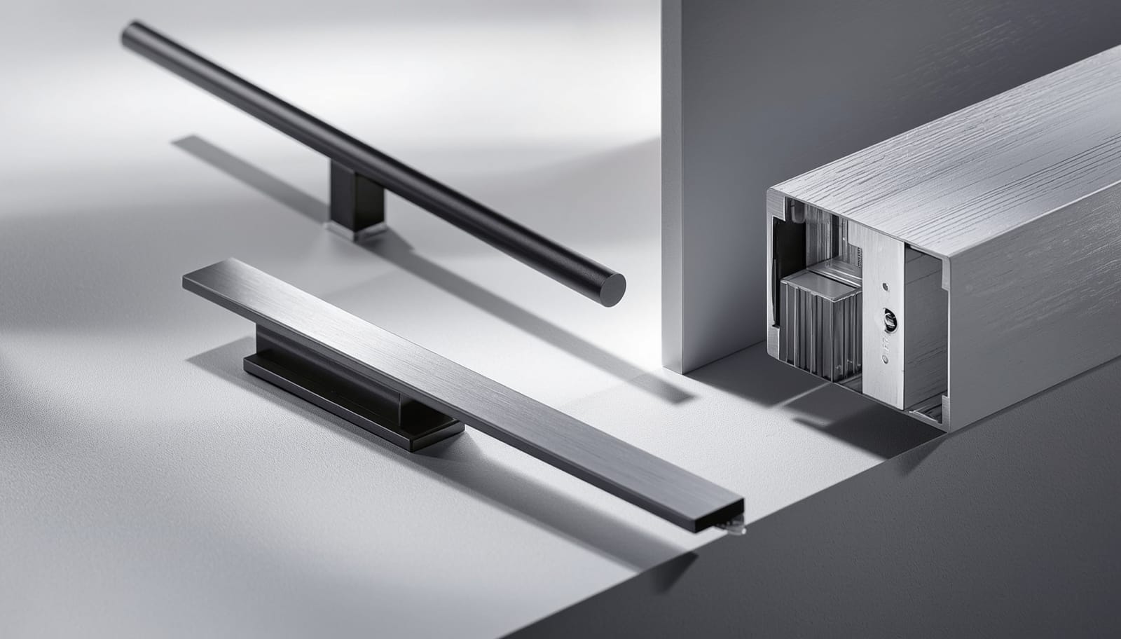 Close-up comparing J-pull, slim bar handle and push-to-open cabinet edges