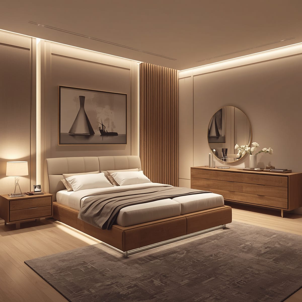 King bed with a wide low dresser opposite and a storage base