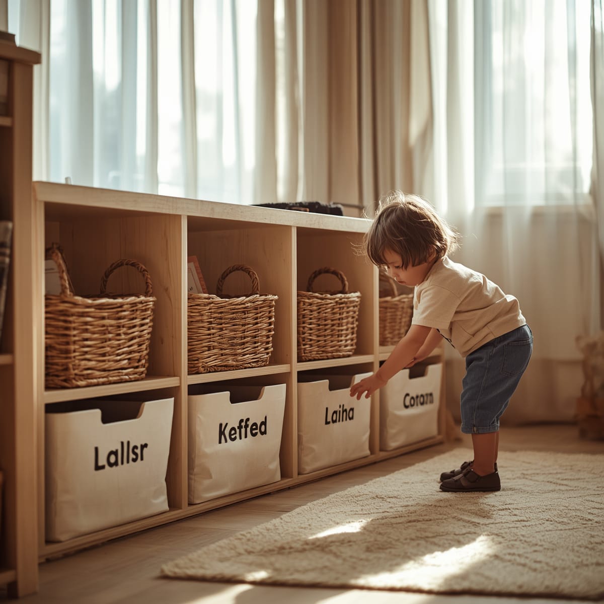 Low open bins and labelled baskets at child height for easy tidying