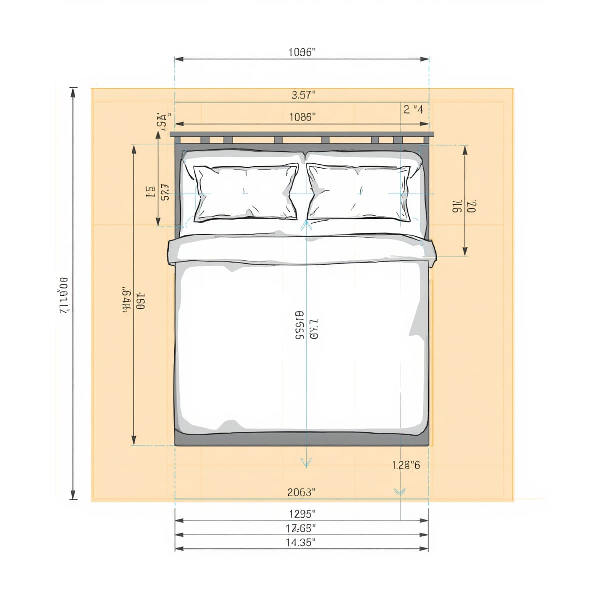 Overhead plan showing recommended walking clearance around a king bed