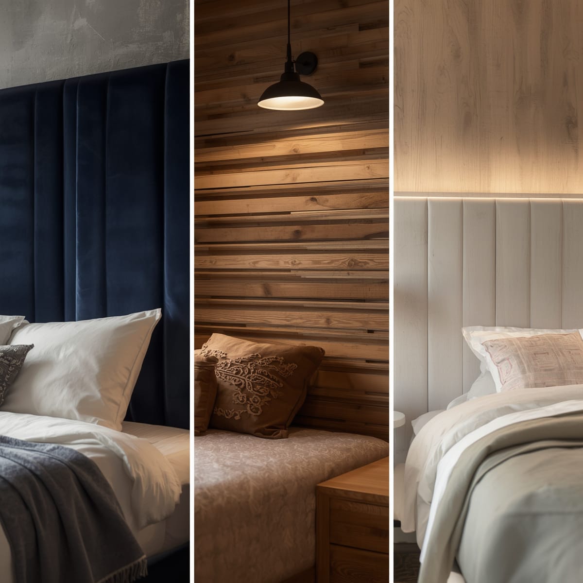 Tall upholstered, slatted wood and low panelled king headboard styles