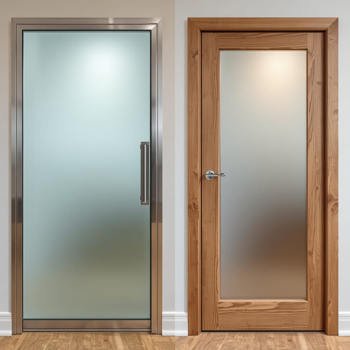 Frosted glass in a slim aluminium frame beside a timber-framed version