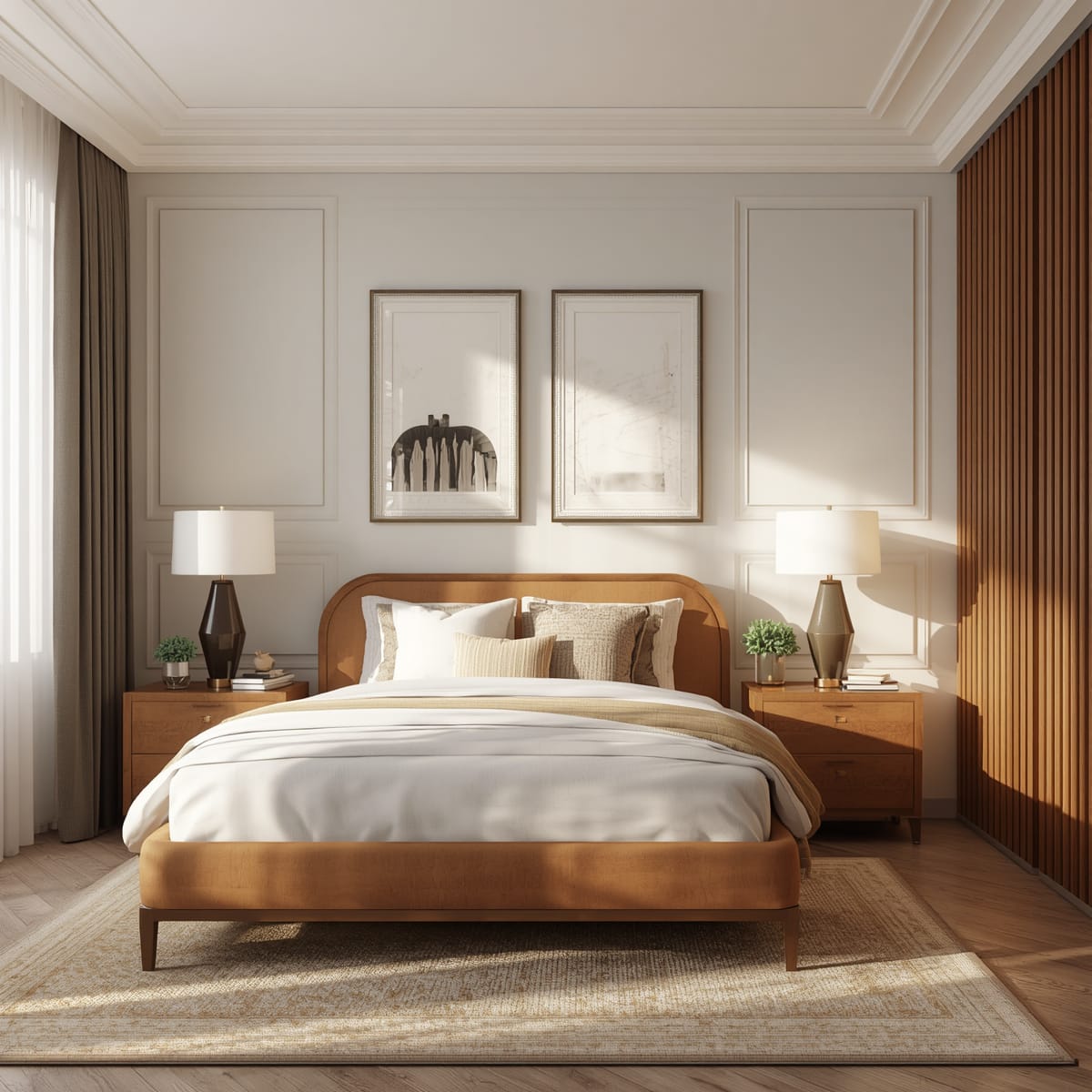 Bed and nightstands scaled to a medium room with clear walking space