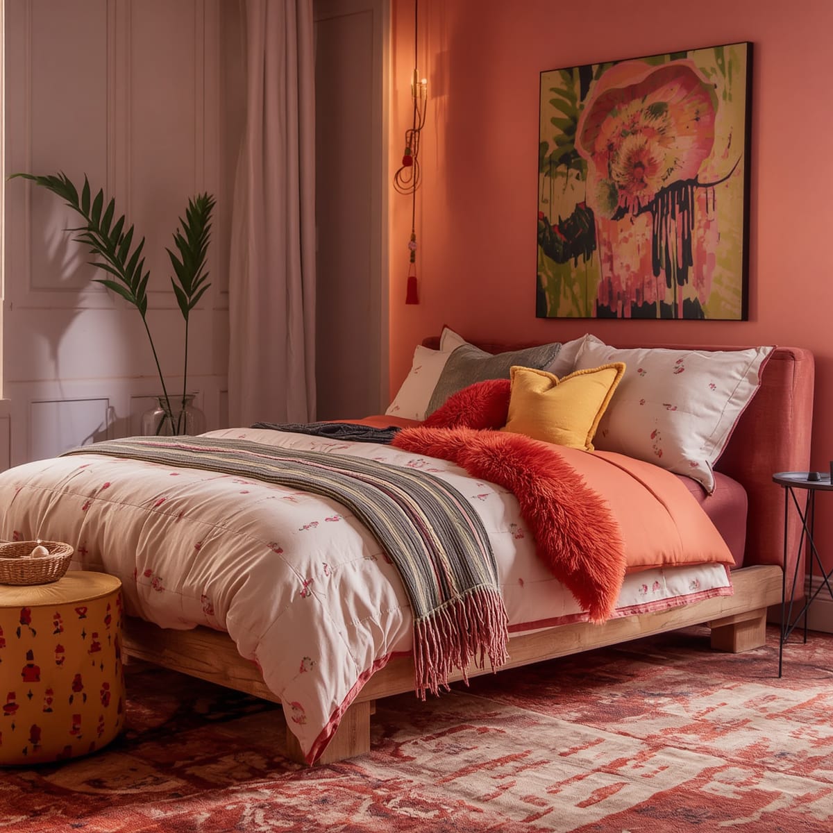Bedding, cushions, rug and wall art in a current colour theme for a girl’s room