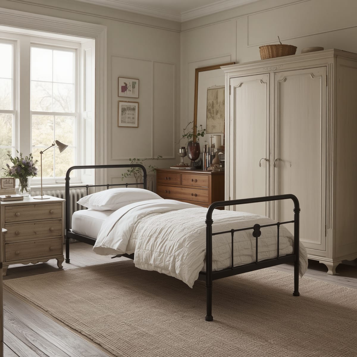 Sturdy single bed, chest of drawers and wardrobe in a timeless finish