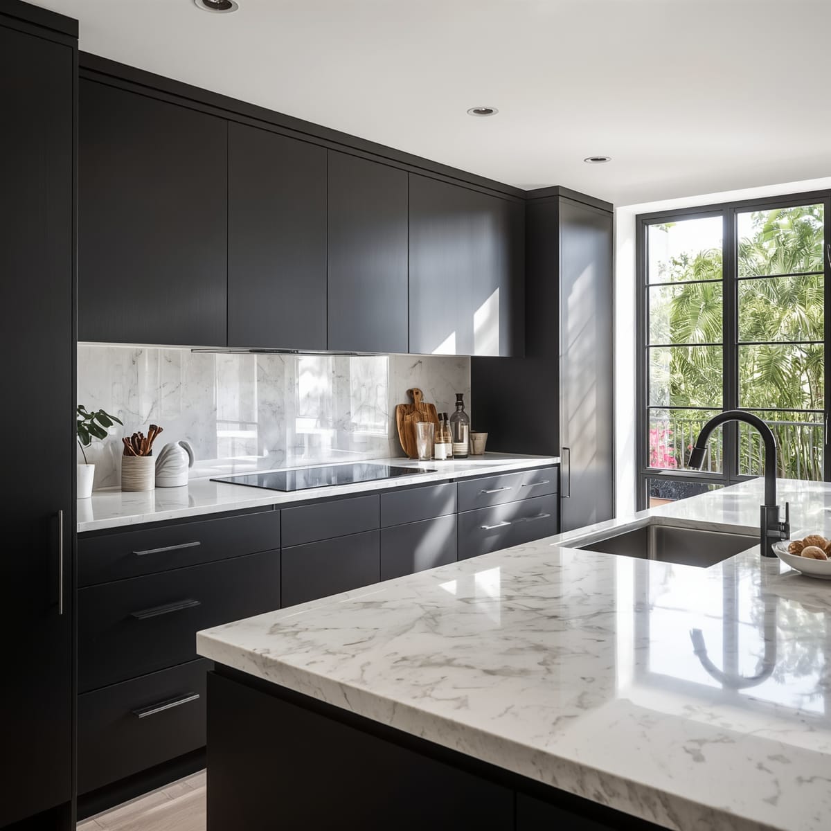 Black cabinets with a pale veined quartz worktop and splashback