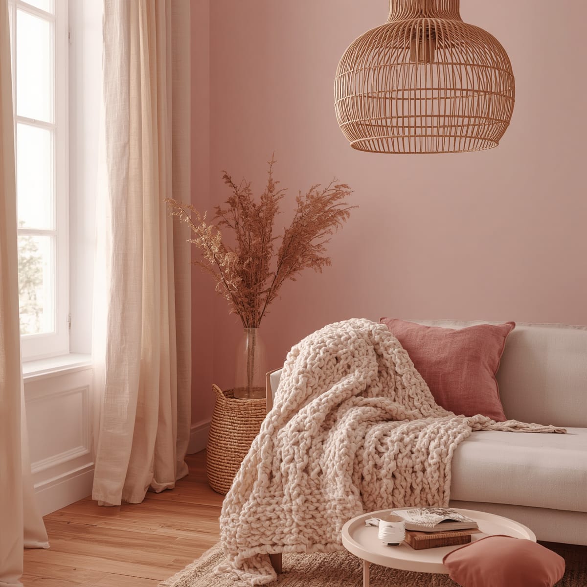 Blush bedroom layered with linen, knit throw and a rattan light shade