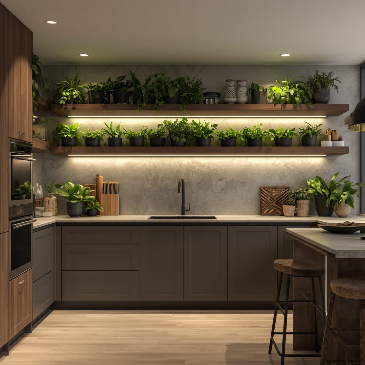 Kitchen mixing closed base cabinets with a single run of open upper shelving