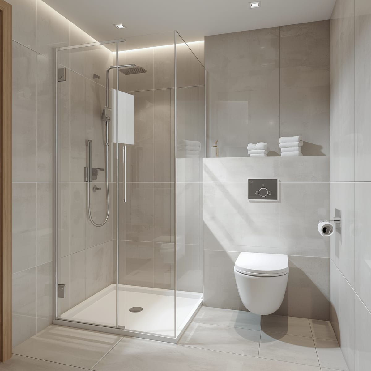 Compact bathroom with a walk-in shower glass panel, wall-hung toilet and large pale tiles