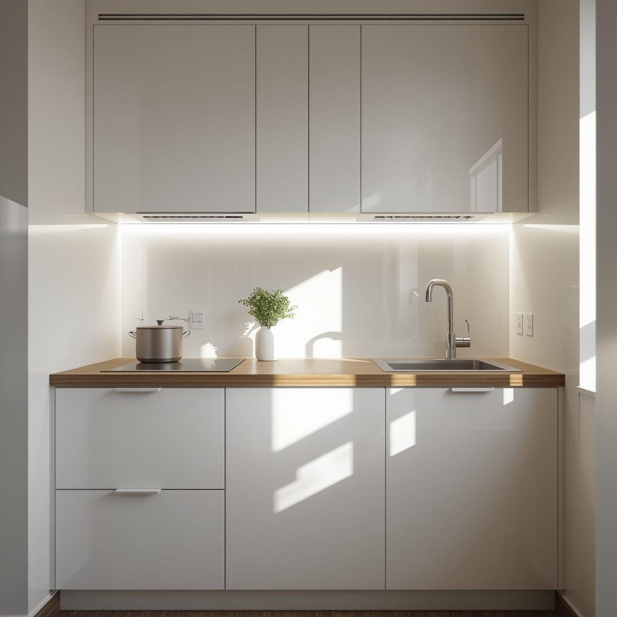 Small kitchen with glossy backsplash and under-cabinet lighting reflecting daylight