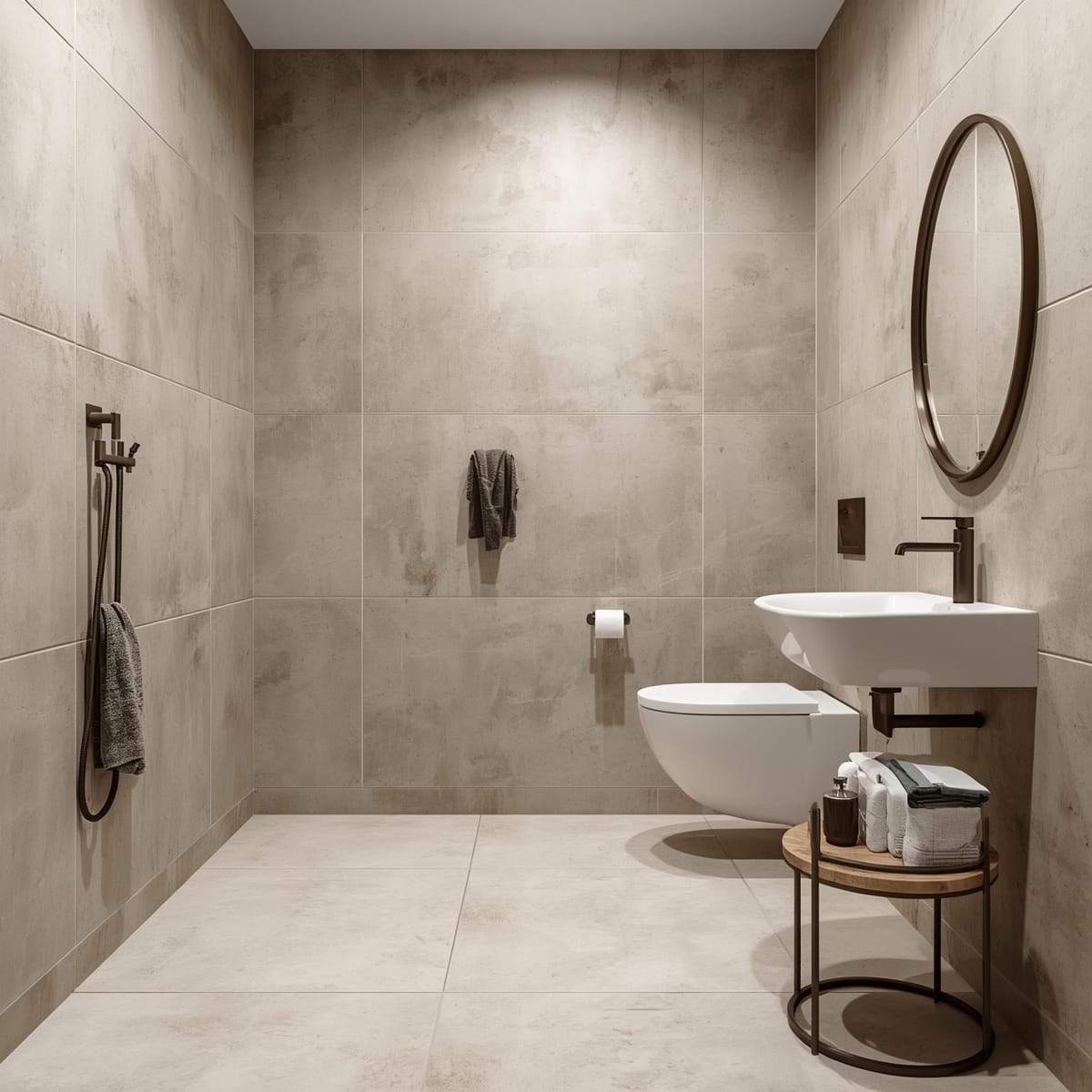 Large-format pale tiles running across floor and wall in one tone
