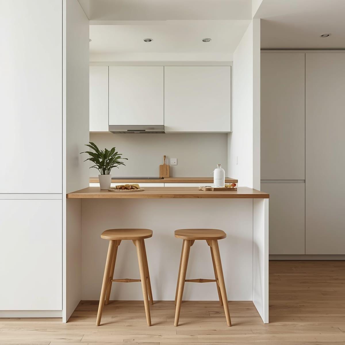 Slim breakfast bar with two stools tucked under in a small kitchen