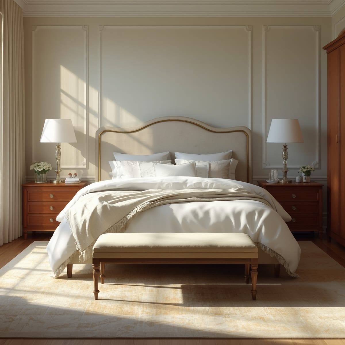 Bed, nightstands, dresser and bench as a coordinated modern bedroom group