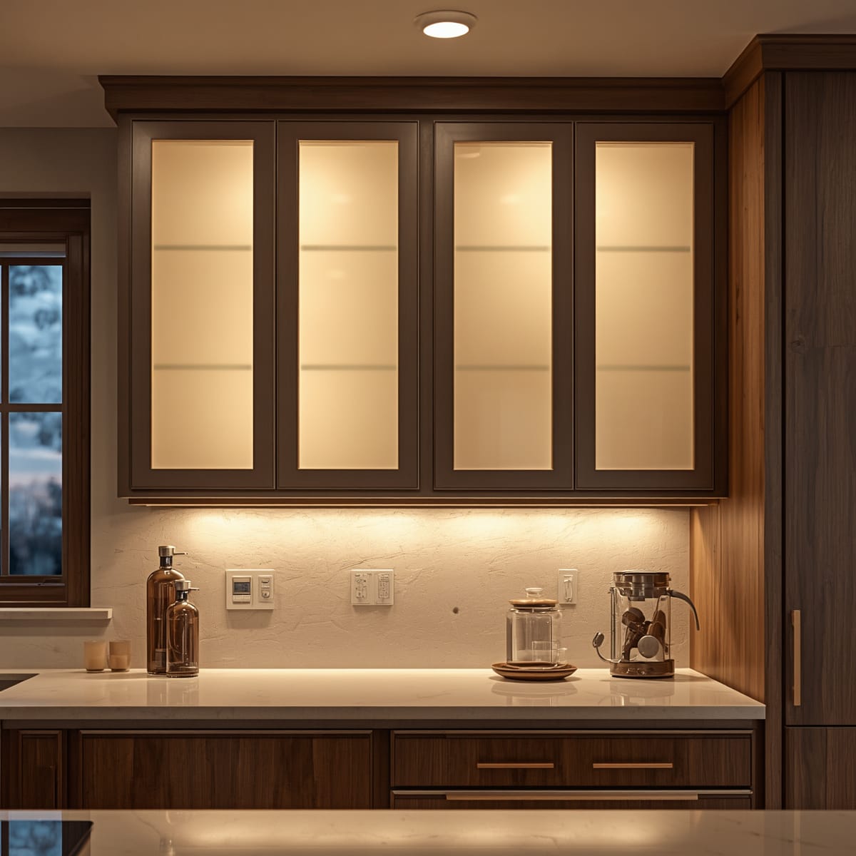Satin frosted glass upper cabinets glowing from interior LED lighting at dusk