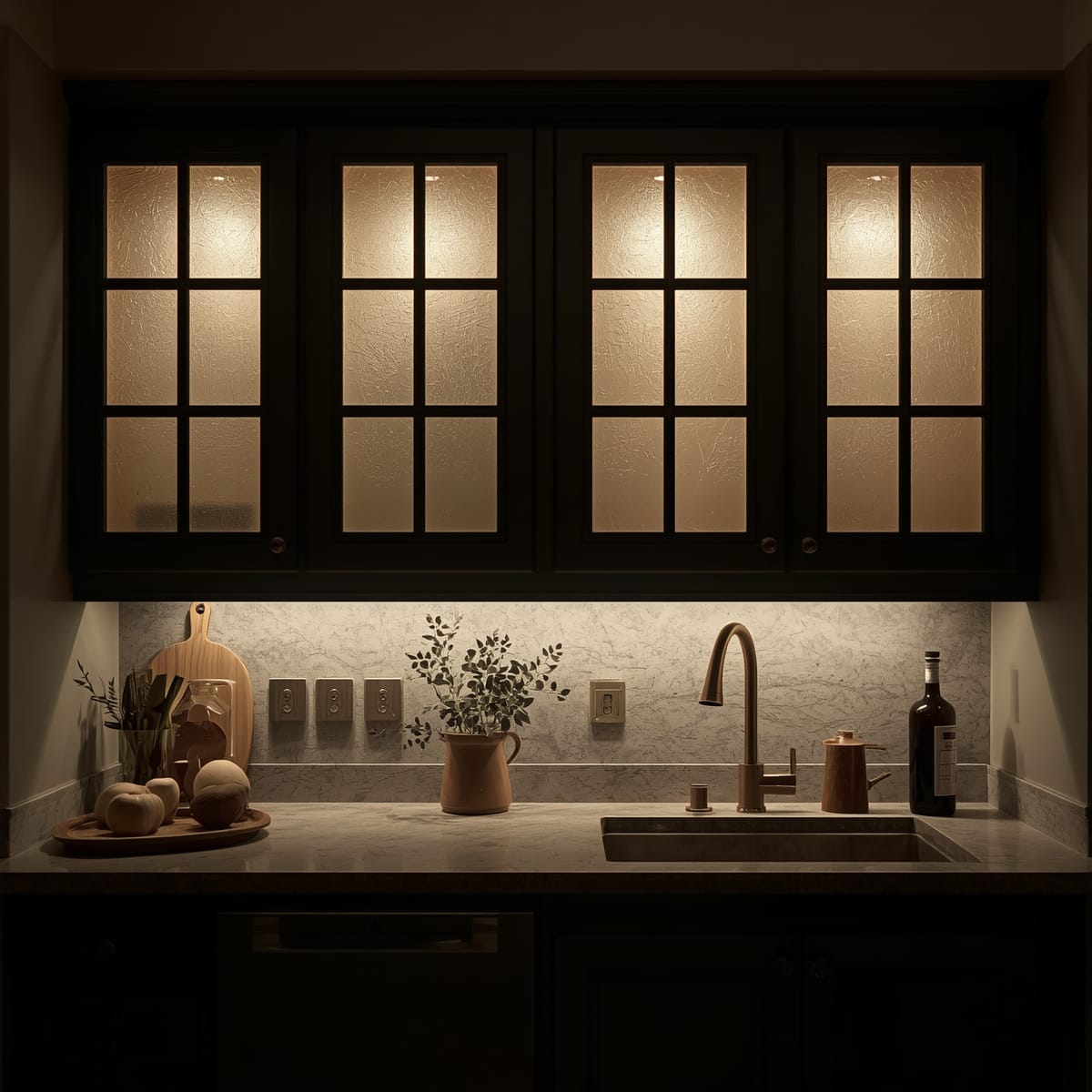 Frosted glass cabinets lit from within casting a warm glow at night