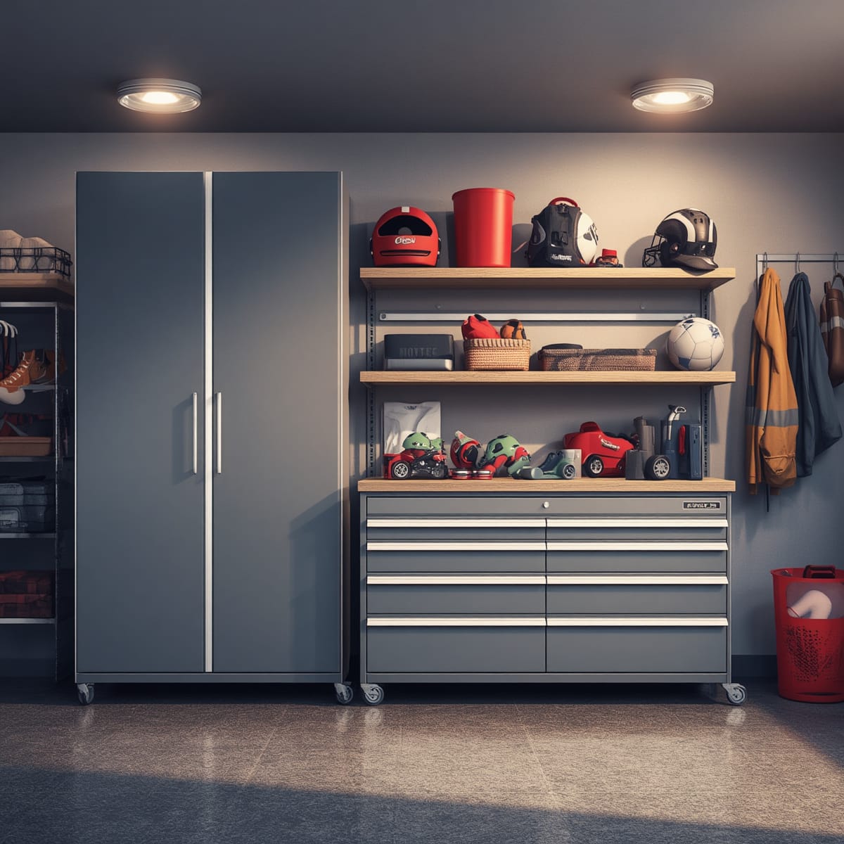 Heavy-duty toy bins, a wide drawer unit, and open shelving for sports gear.