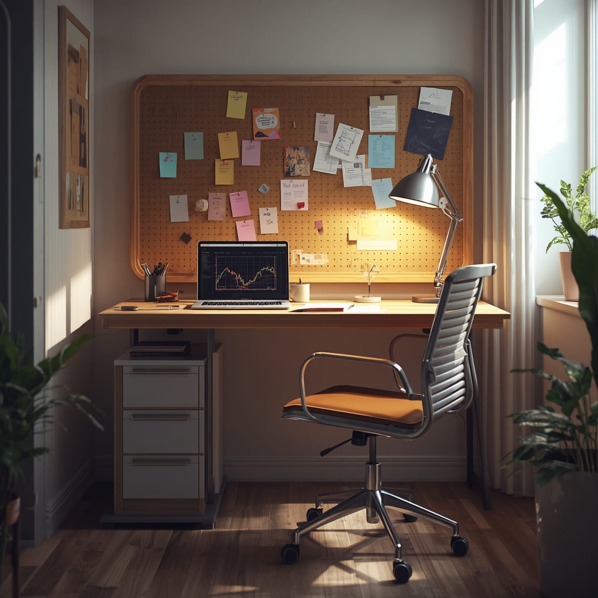 Child’s desk and chair with a pinboard and task lamp in a bedroom