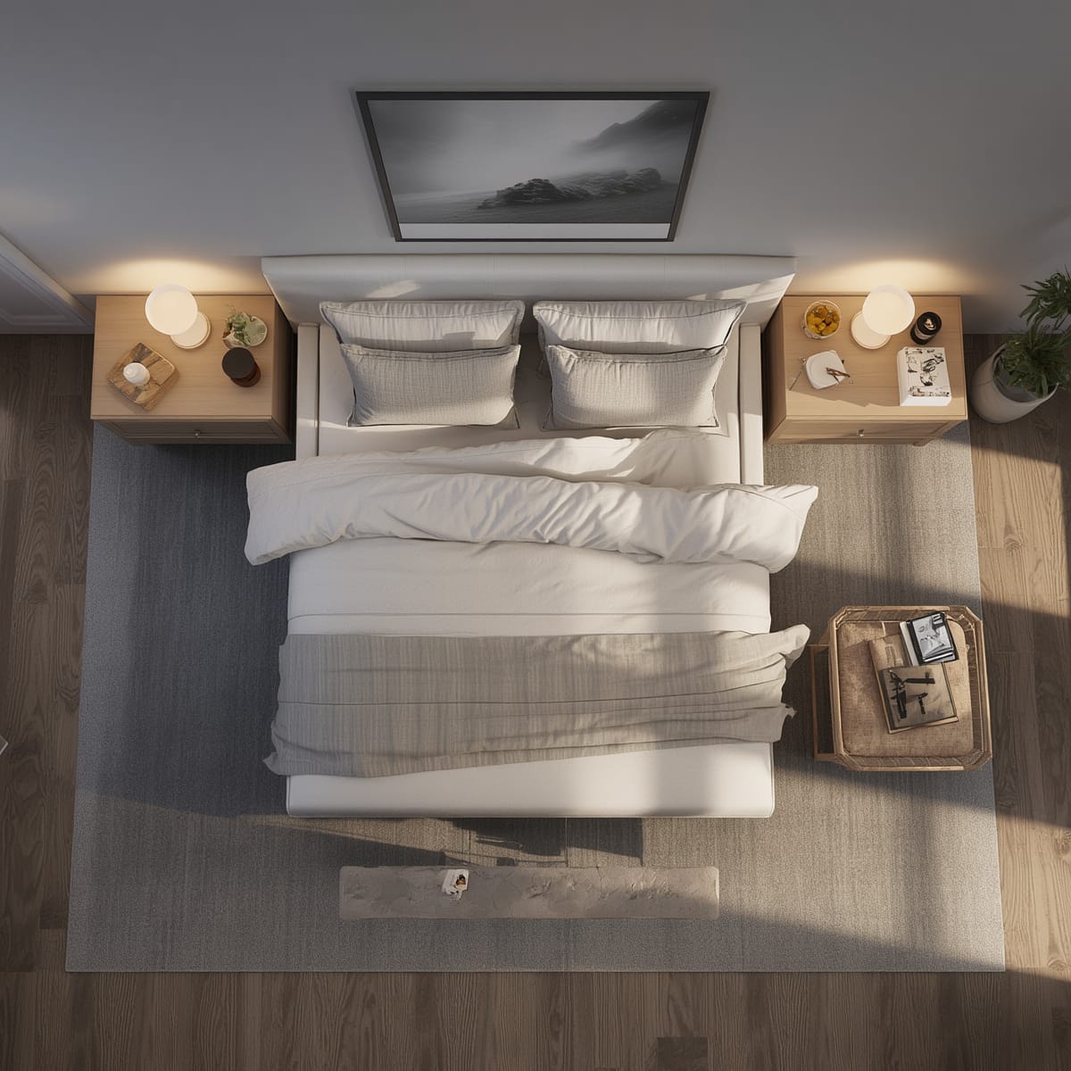 King bed with proportionate side tables and a wide dresser to scale