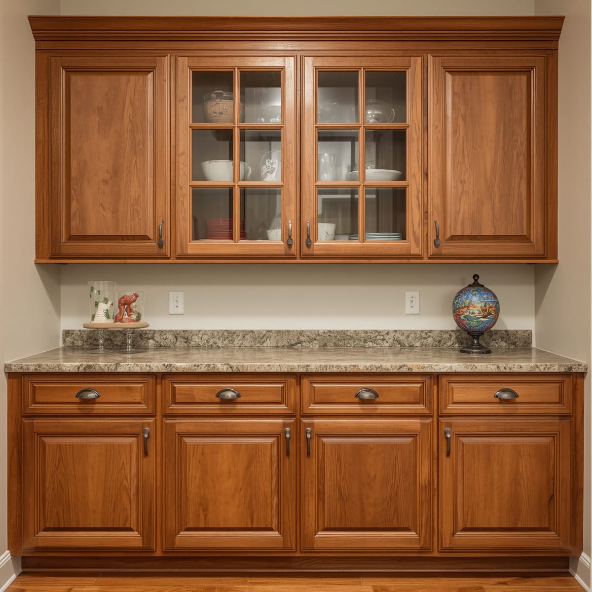 Solid base cabinets with frosted glass on the upper doors only