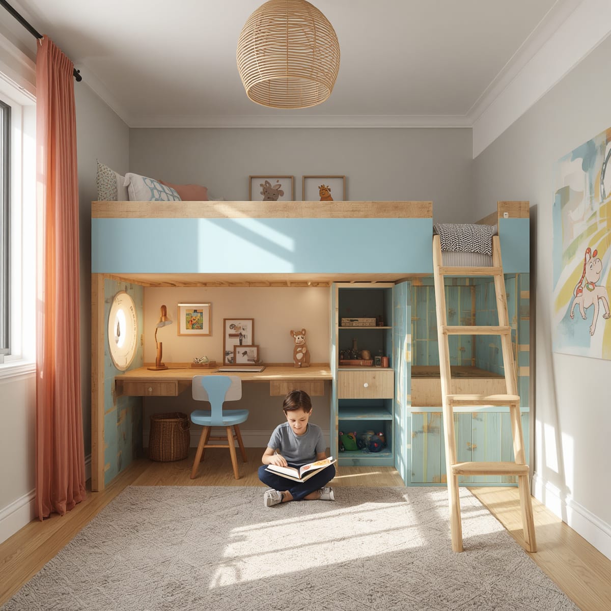 Loft bed with a study and play zone underneath in a boy’s room