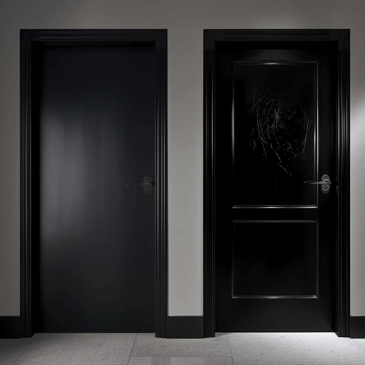 Matte black door beside a high-gloss black door showing fingerprints on the gloss