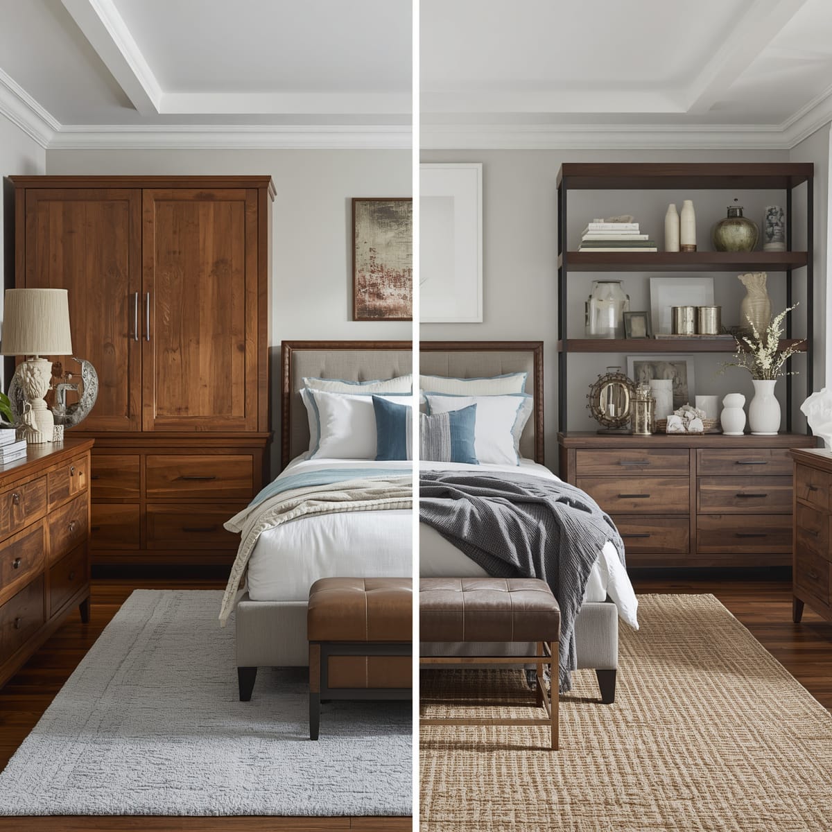 Matching bedroom suite beside a curated mix sharing wood and metal tones