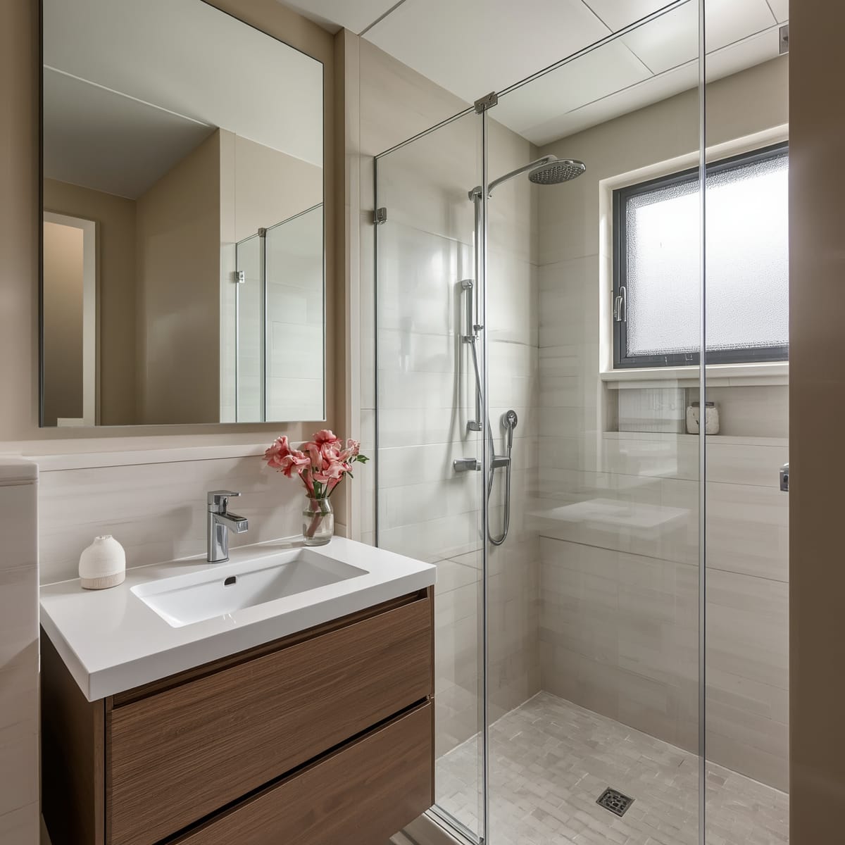 Large mirror and frosted window with a shower niche in a small bathroom