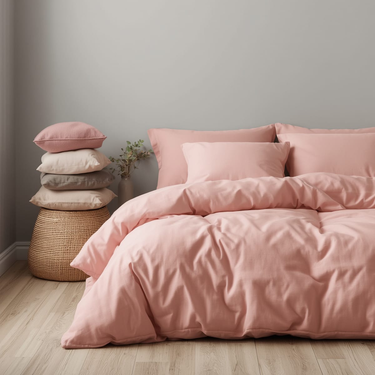 Neutral bedroom with pink limited to the bedding and cushions