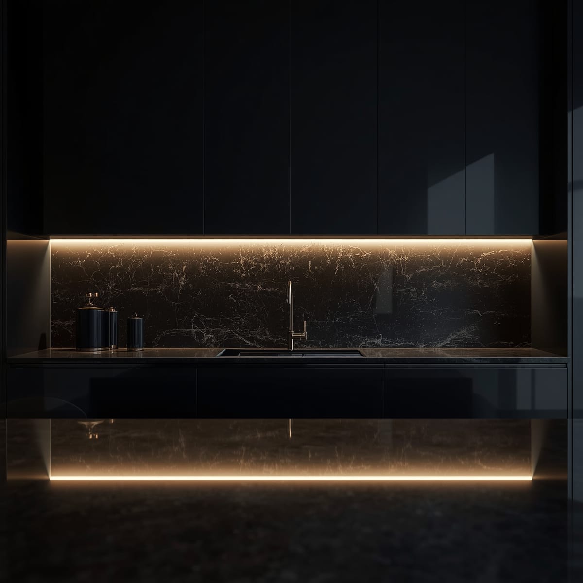 Black kitchen at night with warm-white under-cabinet lighting