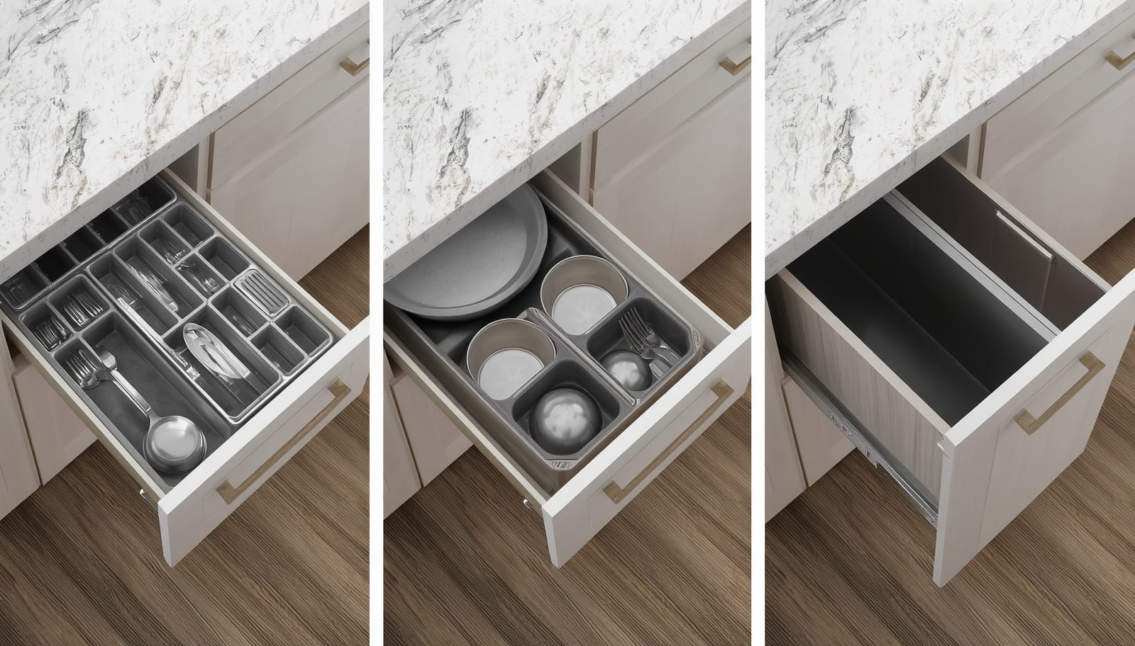 Modern kitchen drawer with dividers, pan pegs and an integrated bin pull-out