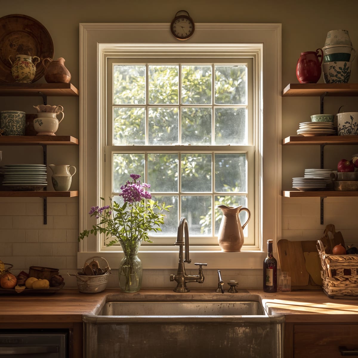 Open shelves either side of a kitchen window holding everyday cups