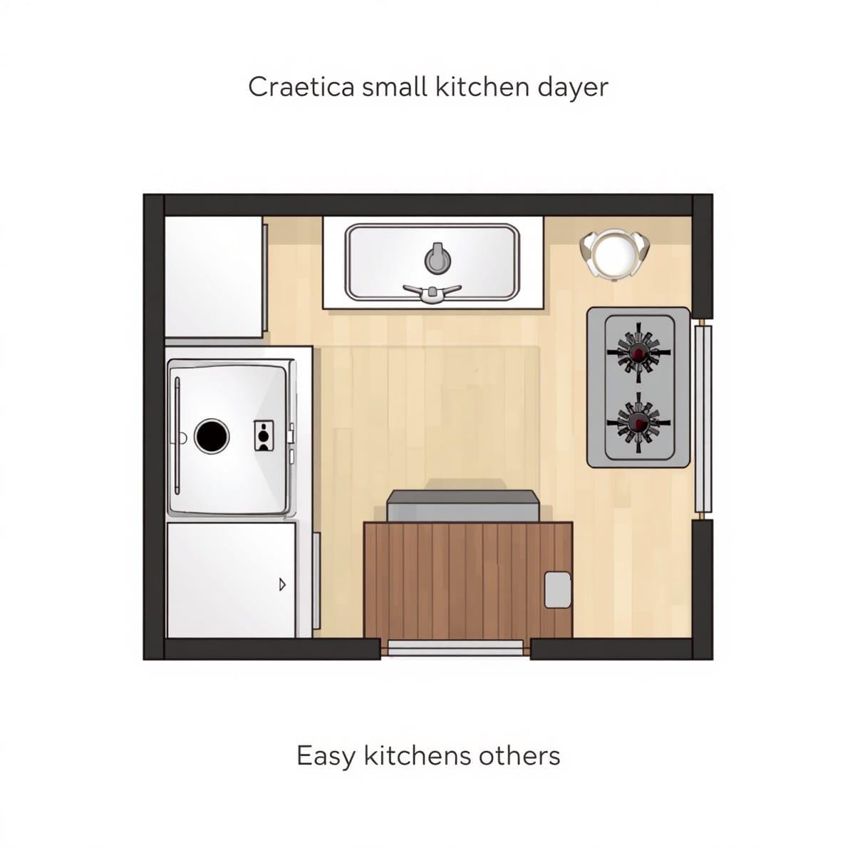 Overhead work-triangle layout for a small kitchen showing sink, hob and fridge spacing