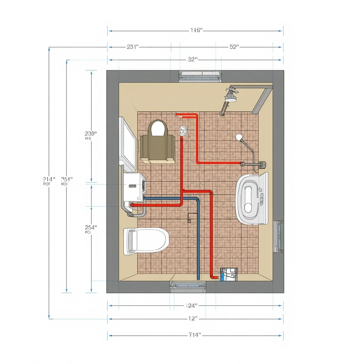 Overhead plan clustering toilet, basin and shower along one plumbing wall