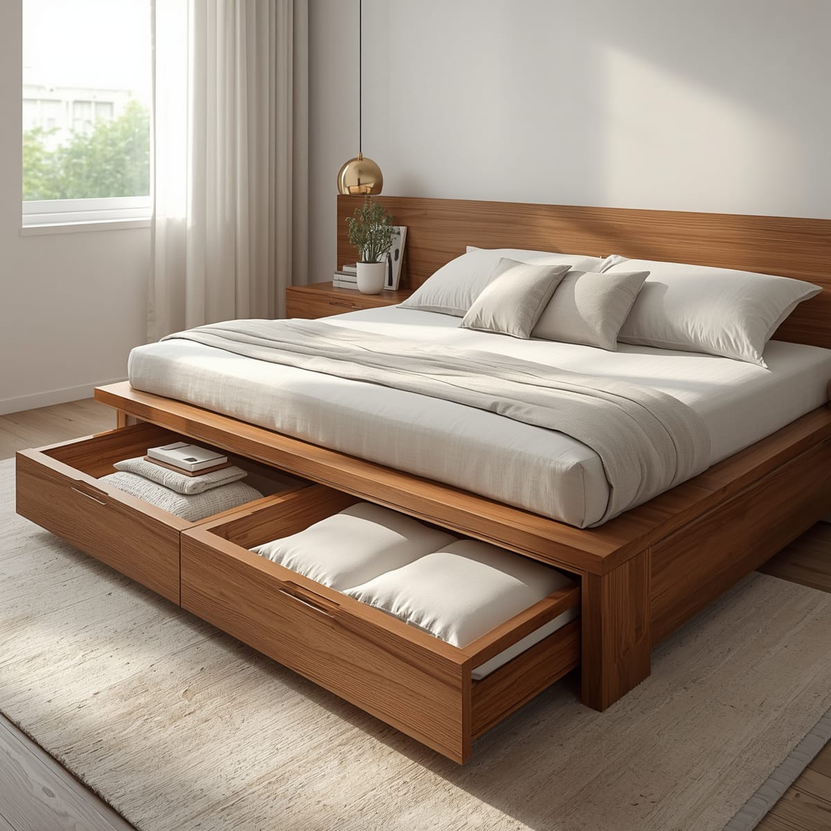 Platform storage bed with deep base drawers open showing folded linen