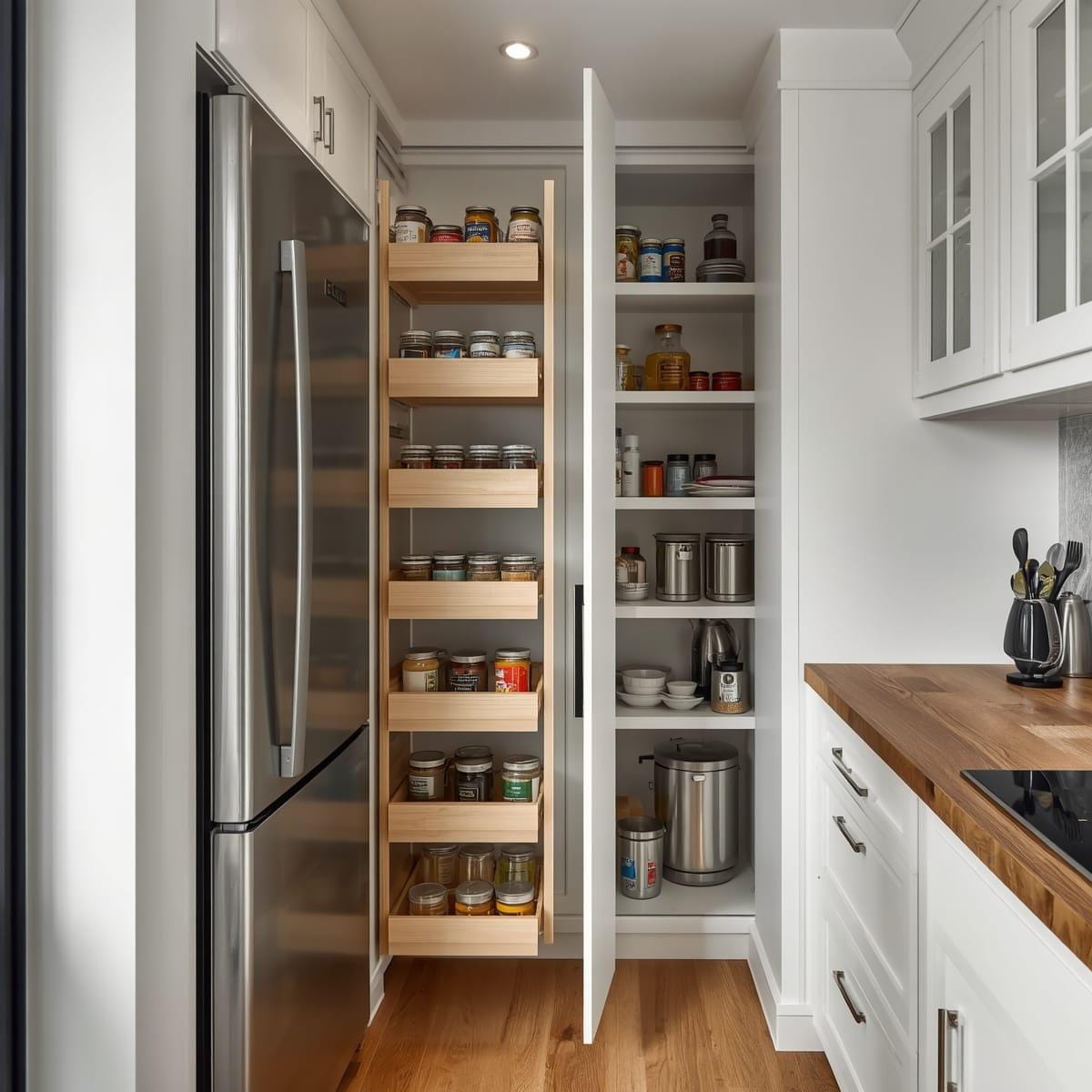 Narrow pull-out larder unit extended beside a fridge in a small kitchen