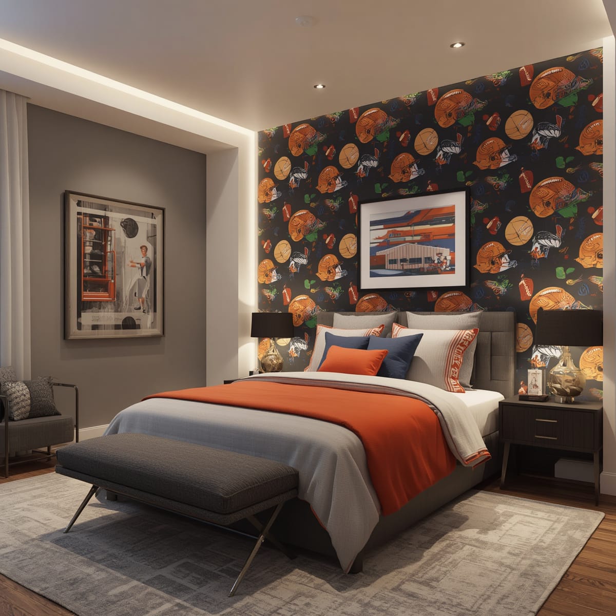 A neutral room with a single themed feature - a sports-print wall and matching bedding.