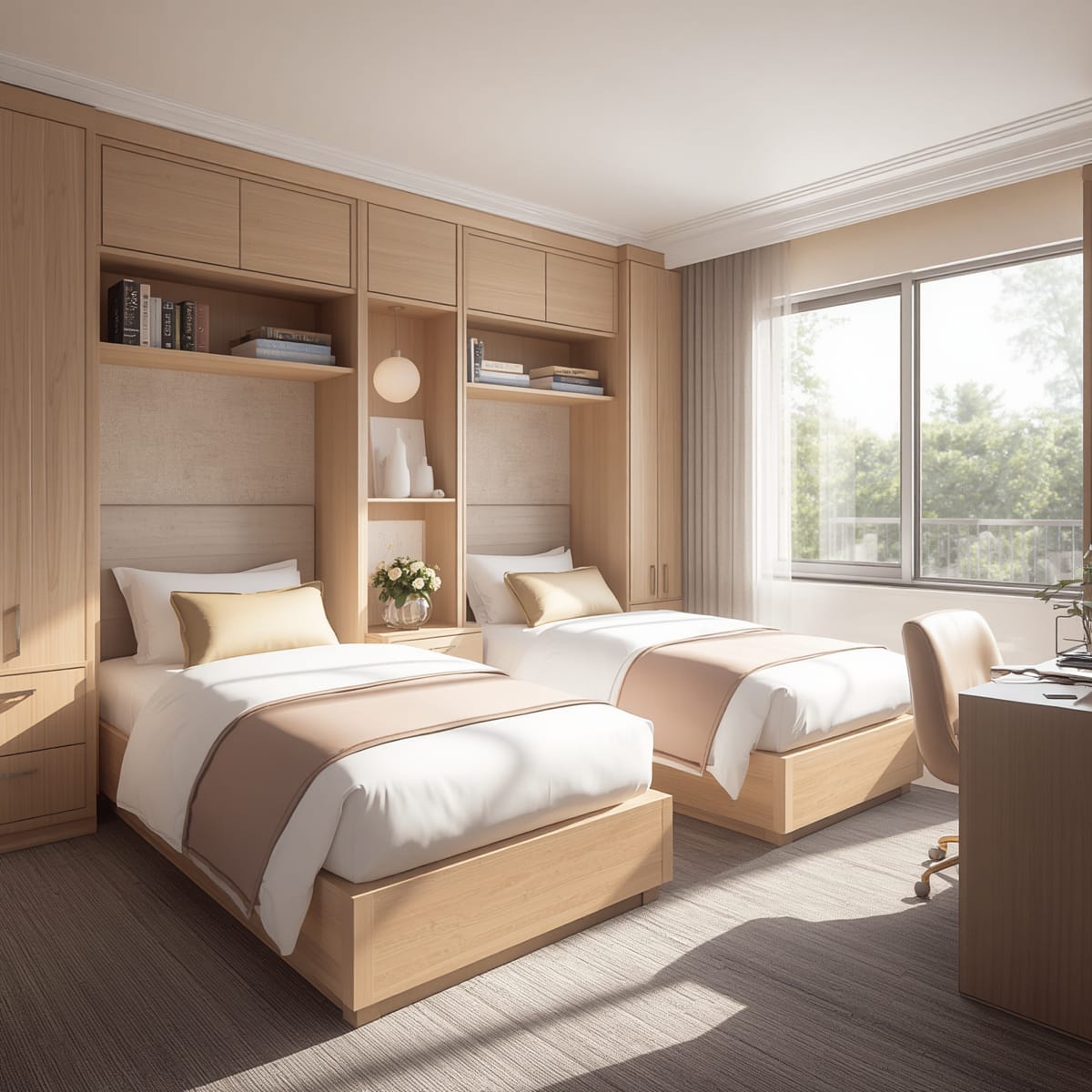 Two single beds with individual storage and a shared desk