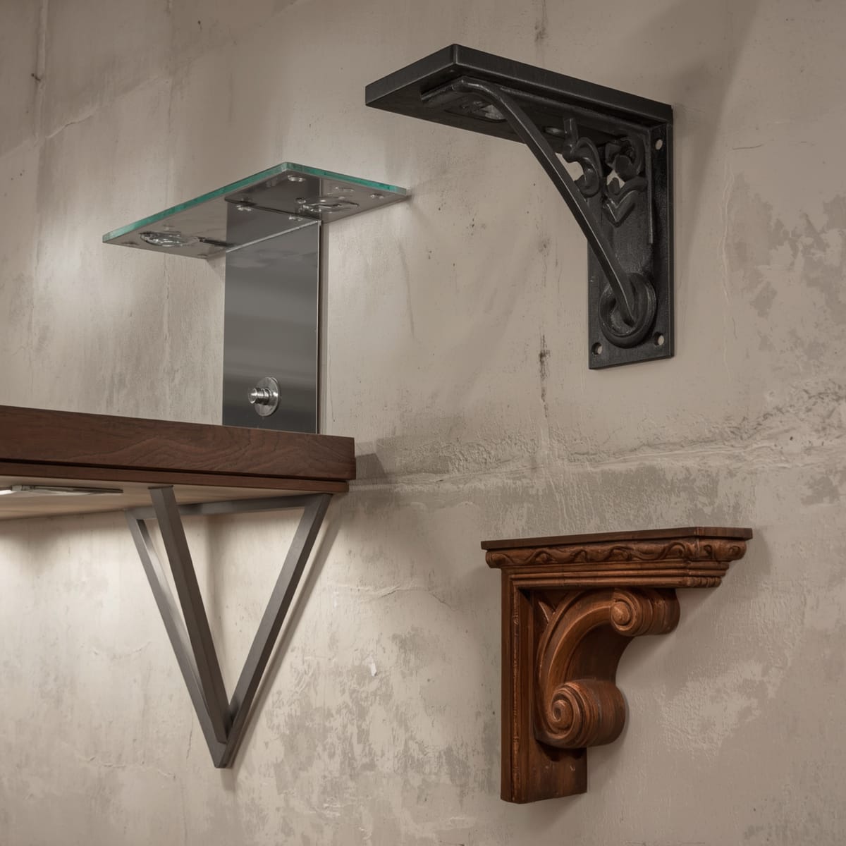 Concealed floating bracket, metal L-bracket and wood corbel shelf supports