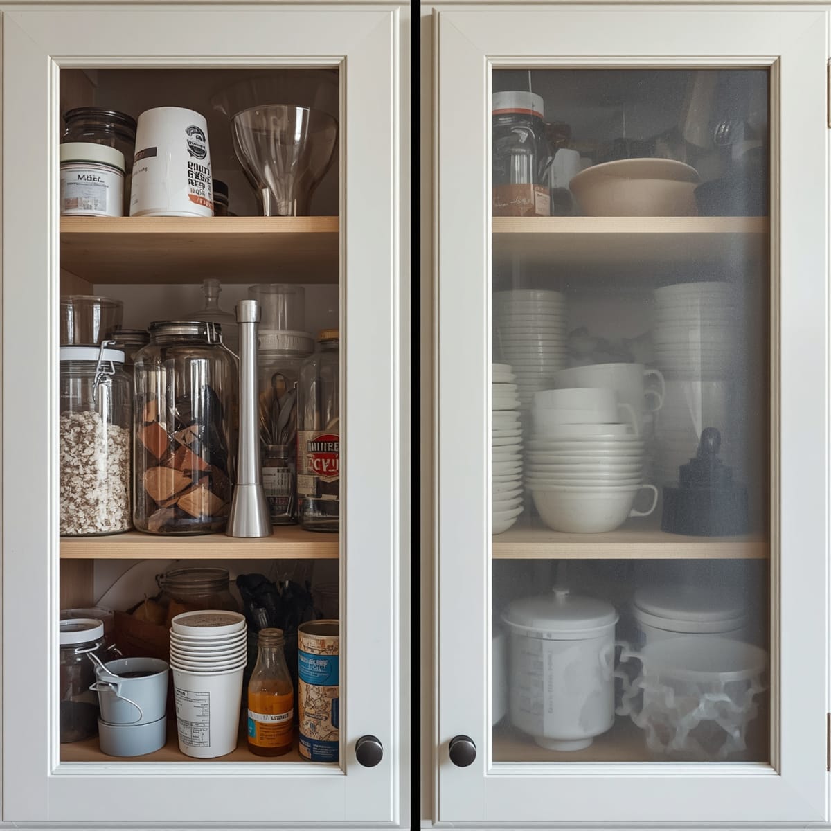 Clear glass cabinet door beside a frosted door softening the contents