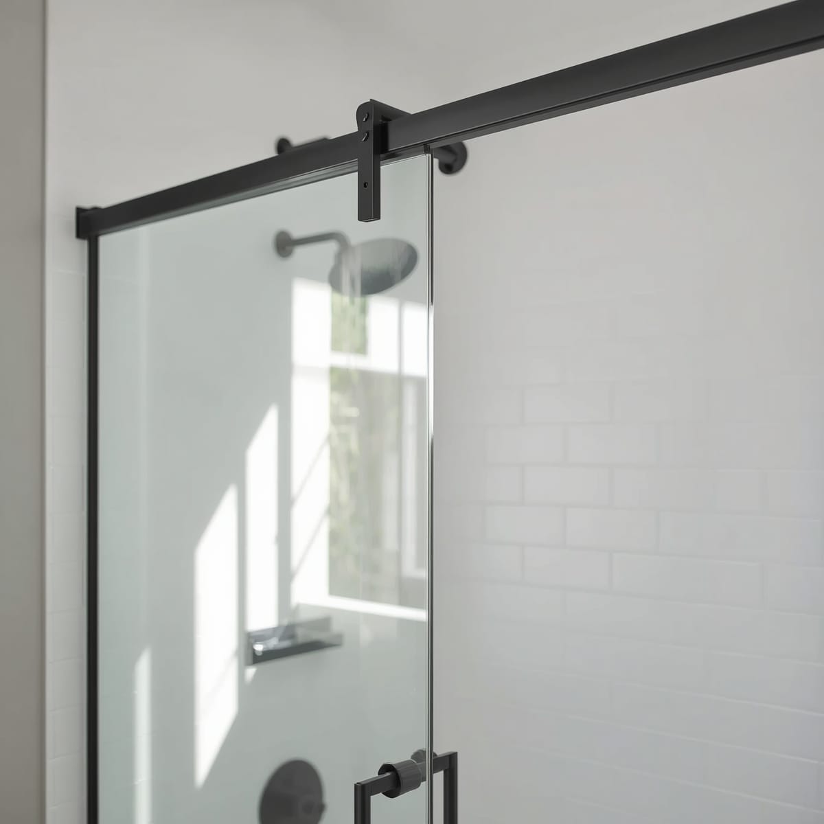 Sliding shower door with matte-black track and handle against white tiles